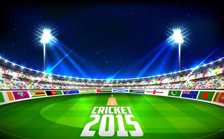 illustration of stadium of cricket showing flags of participating countries