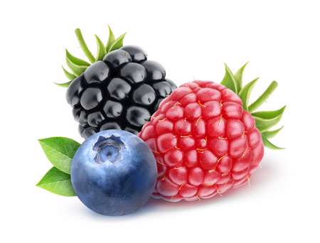 Blueberry, raspberry and blackberry over white background, with clipping path
