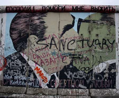 Grafitti on the Berlin Wall in Berlin, Germany. The famous kiss