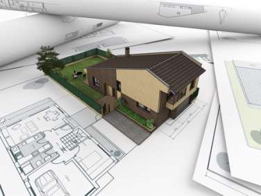 3D house model emerging from architectural drawings