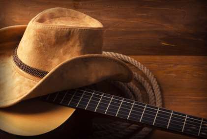 American Country music background with guitar and cowboy hat