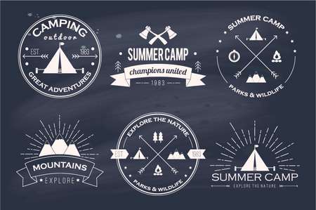 Set of vintage summer camp badges and other outdoor logo&#39;s, emblems and labels
