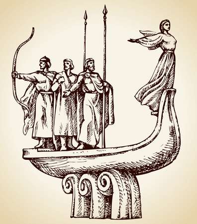 Memorial mythical arch, arch-founder of Kyiv on Dnepr river: brothers Kiy, Schek, Khoryv and s