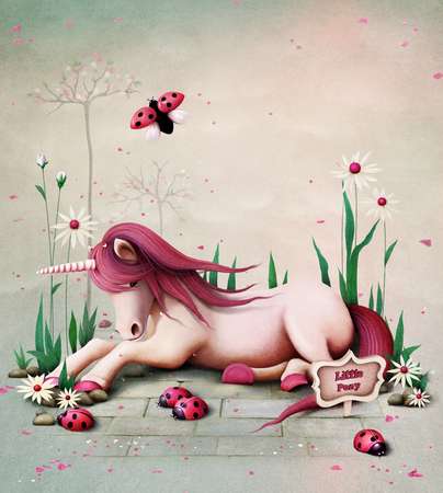 Fairy tale illustration with  pink toy pony unicorn