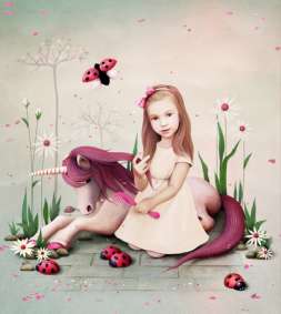 Conceptual illustration of  little girl and pony unicorn