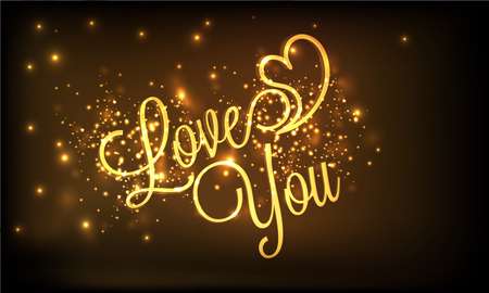 Happy Valentines Day celebration with golden text Love You and heart on shiny brown background.