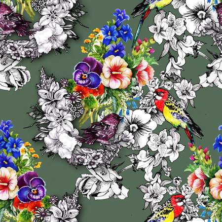 Exotic birds with flowers colorful seamless pattern on green background vector illustration