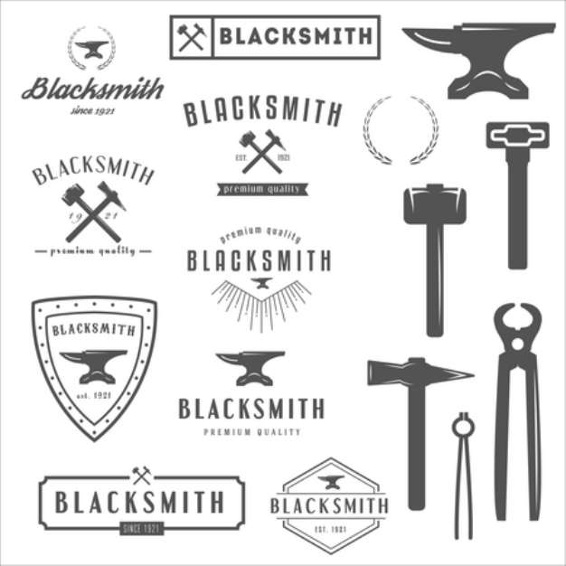 Collection of logo, elements and logotypes for blacksmith and shop