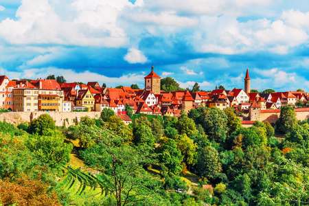 Scenic summer panorama of the Old Town architecture of Rothenburg ob der Tauber, Bavaria, Germany