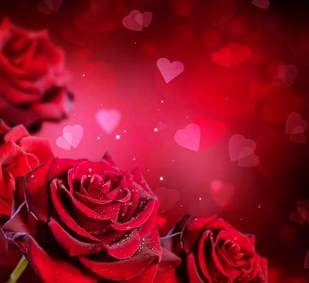 Roses and Hearts background. Valentine or Wedding Card design. Beautiful red roses bouquet over red blurred background. Flowers 