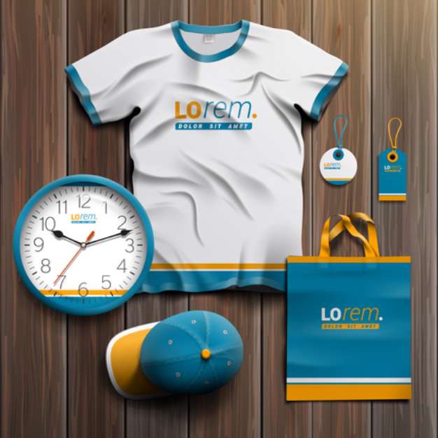 Blue promotional souvenirs design for corporate identity with orange lines. Stationery set