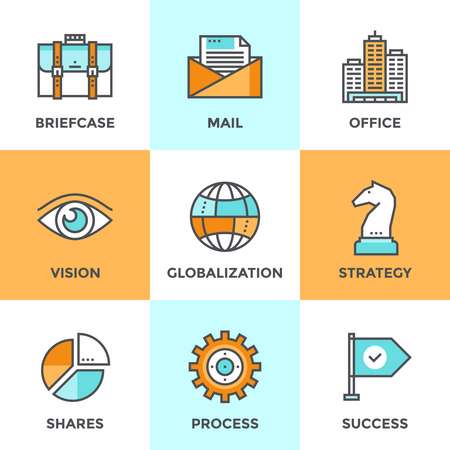 Line icons set with flat design elements of business effective solution, success tactics and strategy d
