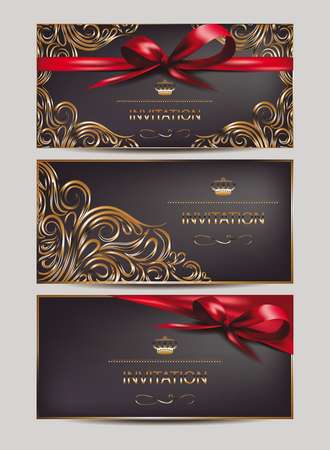 Elegant invitation cards with floral design elements and ribbons