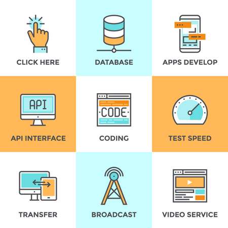 Line icons set with flat design of app develop with API interface, website coding and testi