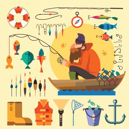 Fisherman in a boat fishing: fishing rod, hooks, bait, boat, fish, anchor, water, beard, chain, compass. Vector flat illustrations