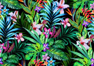Amazing seamless tropical pattern. Exotic hibiscus and Palm design for fashion or interior. Flower bouquets.