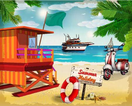 Summer  poster with lifeguard tower,scooter and yacht.