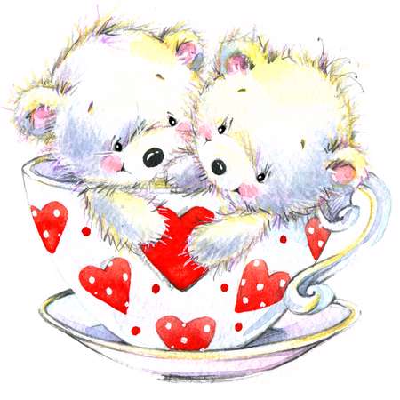 Valentine day. Teddy bear and red heart. background for congratulation festive. watercolor illustration 