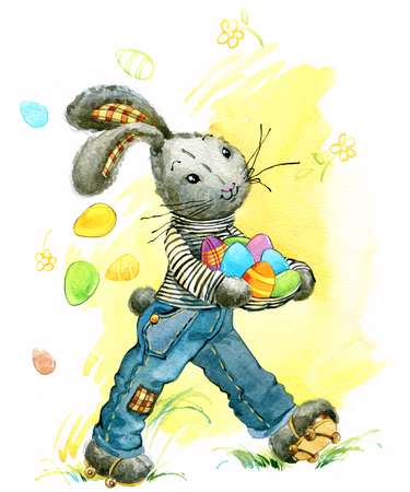 Easter bunny and Easter egg. Series for congratulations card. watercolor illustration