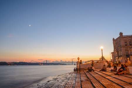 The Columns Wharf viewpoint at Commerce Square downtown at sunset in city of Lisbon