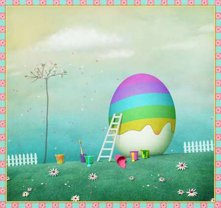 Pastel festive background or poster with egg and rainbow