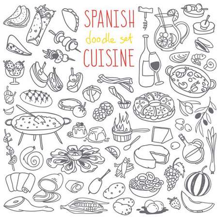 Set of doodles, hand drawn rough simple Spanish cuisine food sketches. Different kinds of main dishes