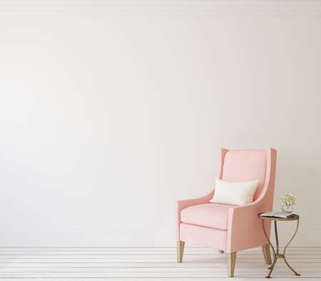 Interior with pink armchair near white wall. 3d render.