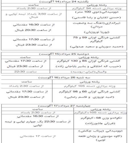 برنامه کامل رقابت های ورزشکاران ایران در المپیک ریو + جدول