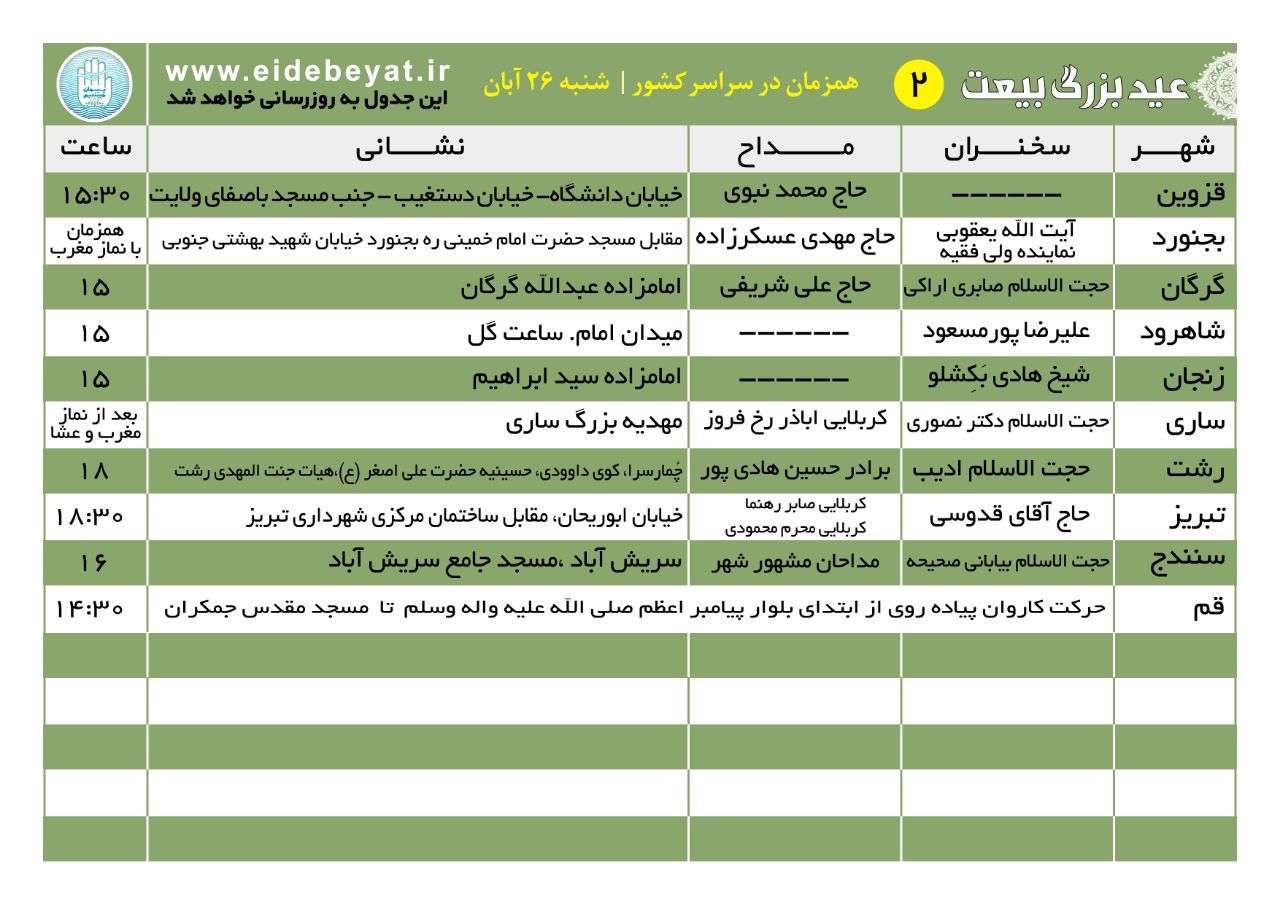 برگزاری جشن «عید بیعت» در ۹۰ شهر + جدول برگزاری جشن «عید بیعت» در ۹۰ شهر + جدول