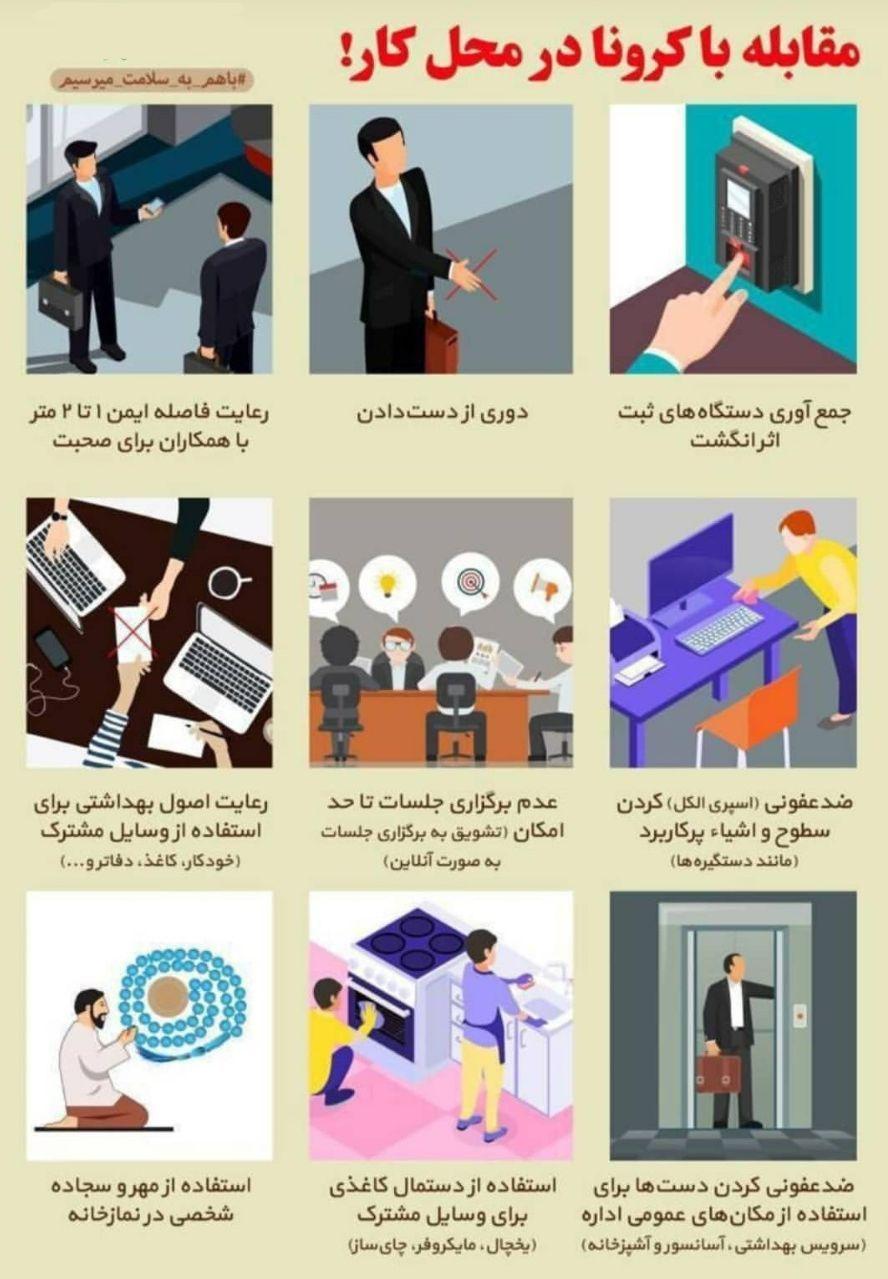 مقابله با کرونا در محل کار، سلامت، ضدعفونی کردن دست ها، رعایت فاصله ایمن،