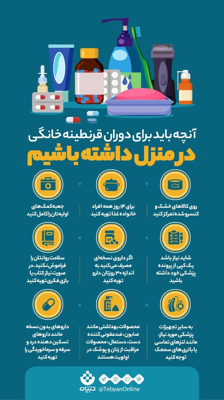 کالاهای خشک، کنسرو، وسایل قرطنیه خانگی، جعبه کمک های اولیه، دارو، لنز های تماسیف ضدعفونی کننده دست، دستمال،