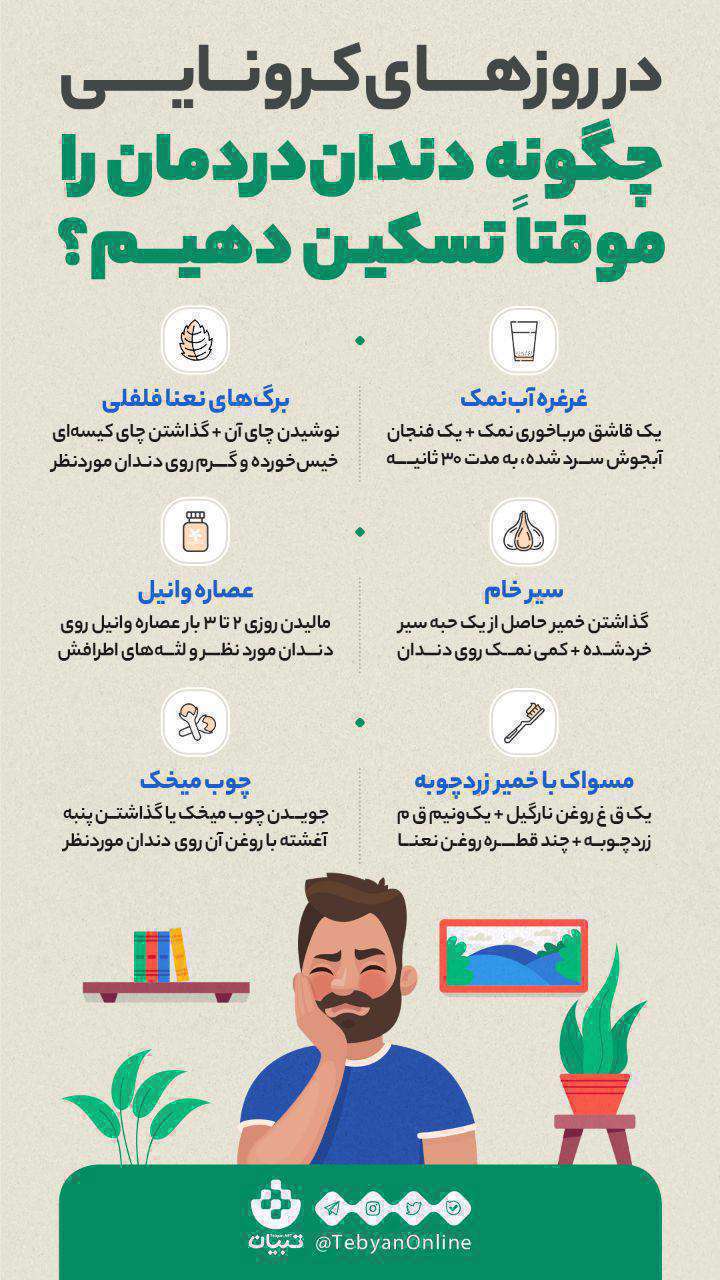 اینفوگرافیک| در روزهای کرونایی چگونه دندان دردمان را موقتاً تسکین دهیم؟ اینفوگرافیک| در روزهای کرونایی چگونه دندان دردمان را موقتاً تسکین دهیم؟