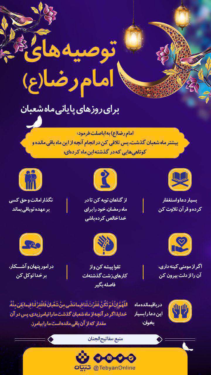 ماه شعبان، تلاوت قرآن، دعا، استغفار، توبه از گناهان، توصیههای امام رضا، روزهای پایانی ماه شعبان، تقوا،