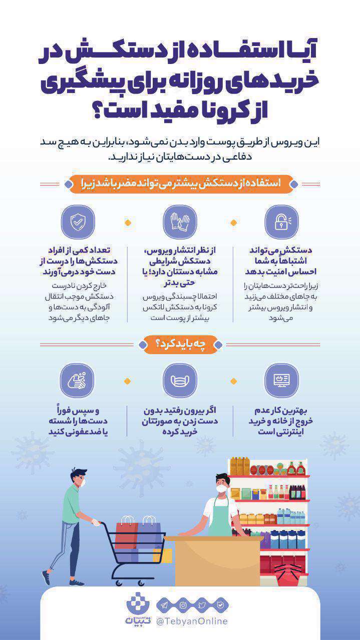 اینفوگرافیک| آیا استفاده از دستکش در خریدهای روزانه برای پیشگیری از کرونا مفید است؟ اینفوگرافیک| آیا استفاده از دستکش در خریدهای روزانه برای پیشگیری از کرونا مفید است؟