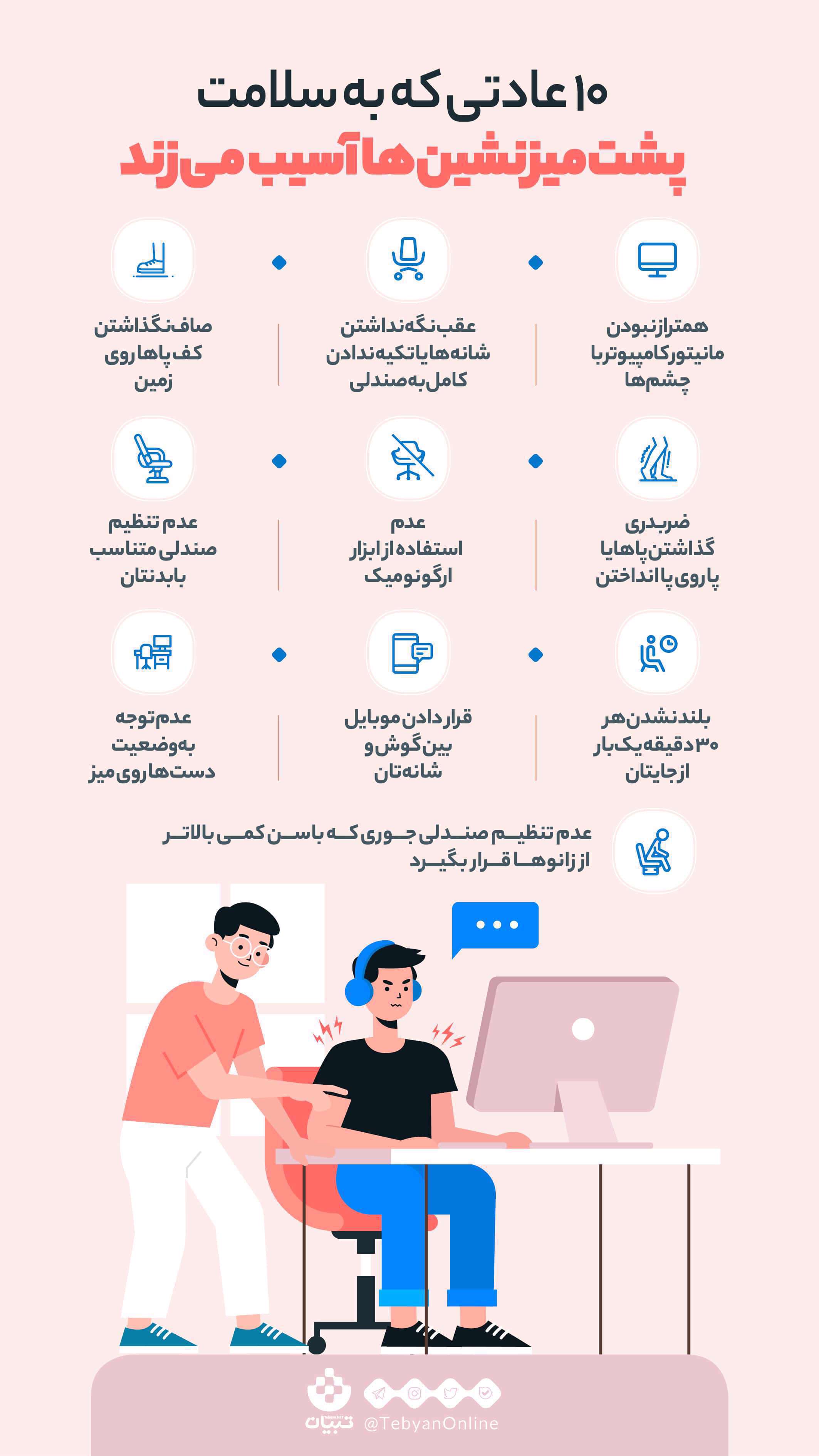 اینفوگرافیک| نکات مهم برای سلامتی کارمندان پشت میز نشین اینفوگرافیک| نکات مهم برای سلامتی کارمندان پشت میز نشین