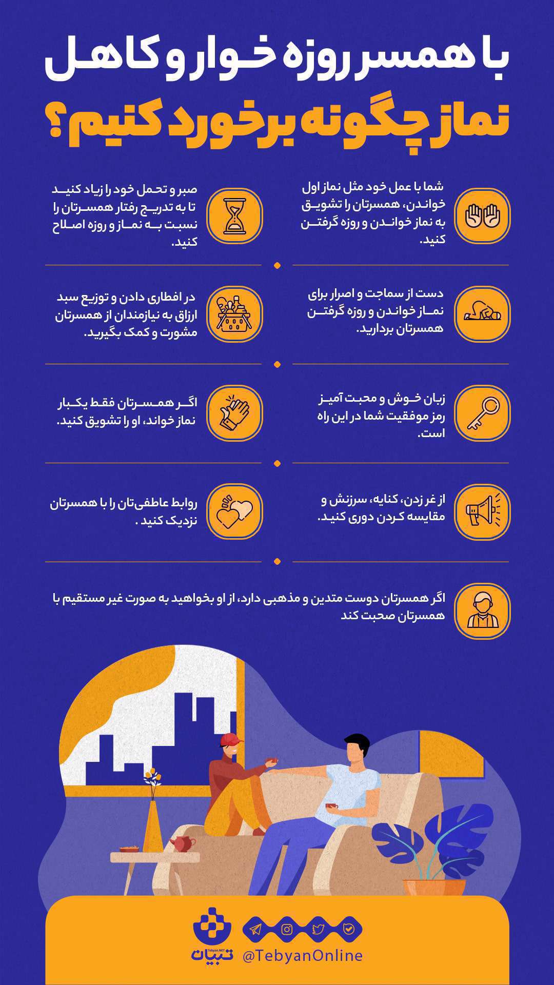 نماز خواندن، همسر روزهخوار، کاهل نماز، صبر، تشویق، مشورت، غر زدن، کنایه، روابط عاطفی،