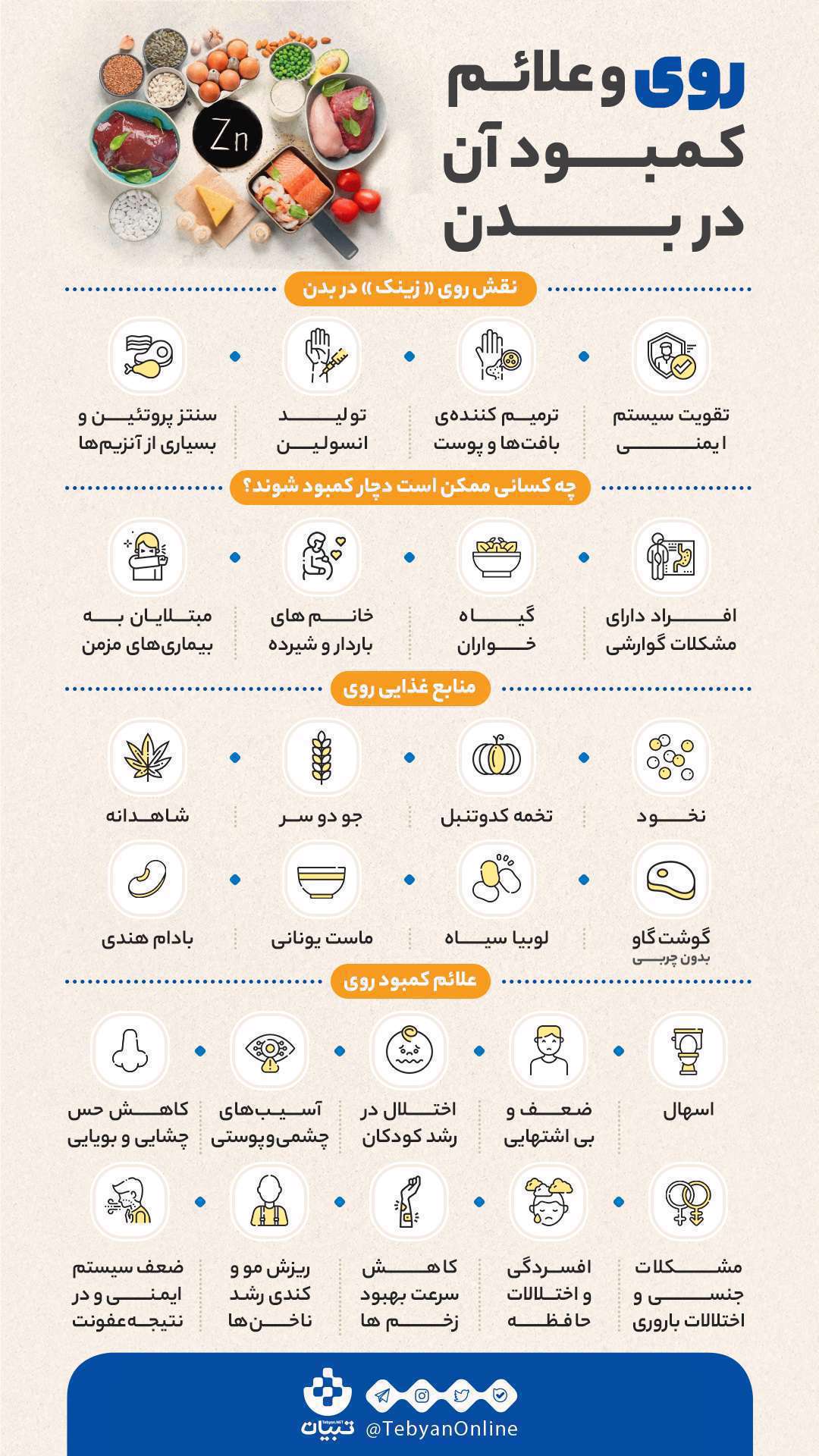 روی- زینک- کمبود روی در بدن- منابع غذایی روی - تقویت سیستم ایمنی بدن-