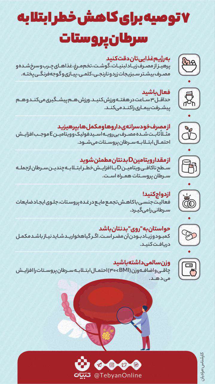 7 توصیه برای کاهش خطر ابتلا به سرطان پروستات؛ اینفوگرافیک 7 توصیه برای کاهش خطر ابتلا به سرطان پروستات؛ اینفوگرافیک