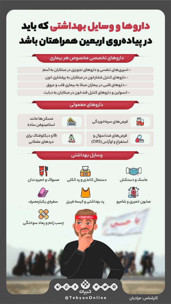 اینفوگرافیک ، پیادهروی اربعین، داروها و وسایل بهداشتی ، اینفوگرافیک ، پیادهروی اربعین، داروها و وسایل بهداشتی ،