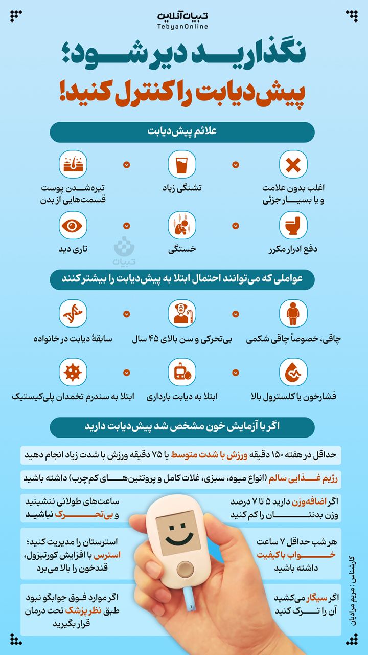 اینفوگرافیک ، پیش دیابت  ، پیش‌دیابت  ، دیابت  ، تبدیل پیش‌دیابت به دیابت ،  بیماری قند ،  مرض قند ،  قند خون بالا ،  افزایش قندخون  ،